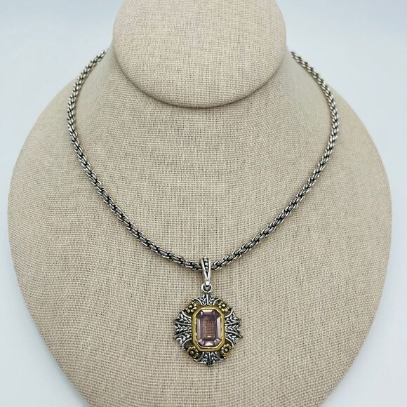 1928 Emerald Cut Faceted Faux Stone Filigree Floral Pendant with Chain Necklace - Picture 1 of 8